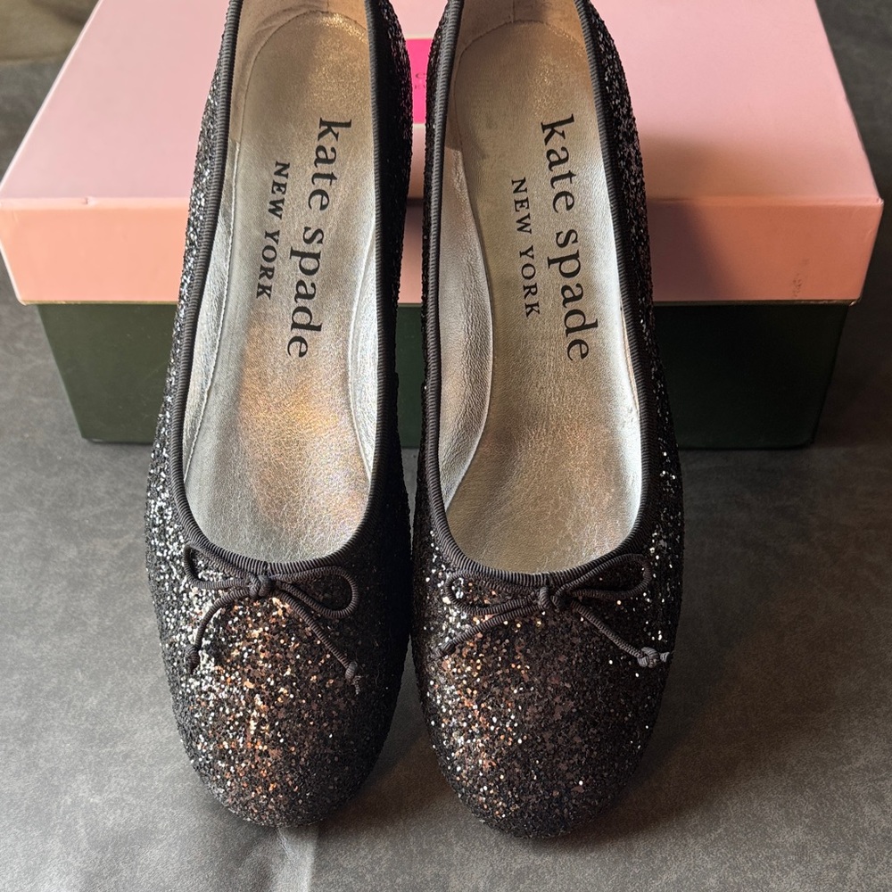 kate spade Black Sparkle ballet flats glitter bow New York dressy